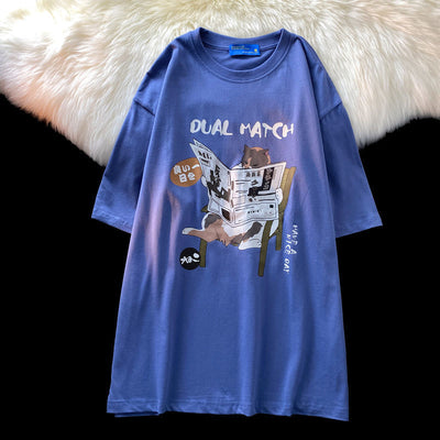 Cotton summer Japanese retro cartoon cat short sleeved t-shirt men loose Korean version lazy style half sleeved shirt harajuku