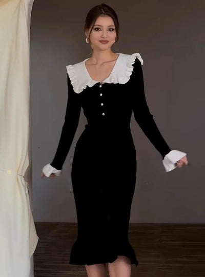 Elegant Party Dresses Woman Mid Length Ruffle Edge Dress with Contrasting Colors Knitted Dress 2024 Autumn Ladies French Dress