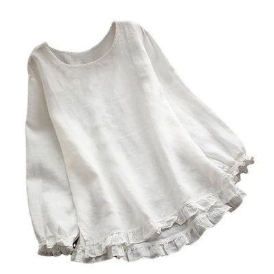 Casual Pullover Blouse For Women 2024 Autumn New Ladies Cotton And Linen Solid Color Loose Ruffle Round Neck Long Sleeved Shirt
