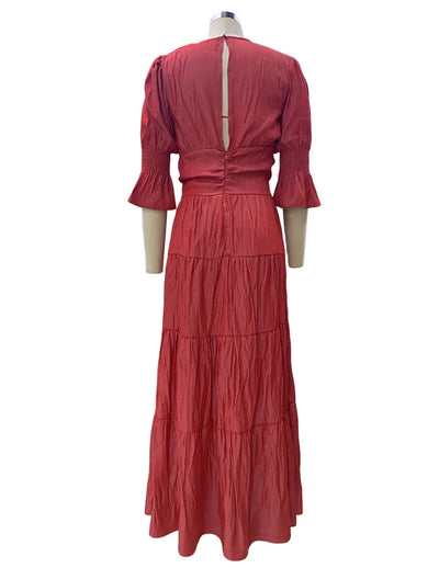 Elegant Ruffle Splicing High Waist And Large Swing Dress For Spring 2025 New Women's Fashion V-neck Long Sleeved Maxi Dress