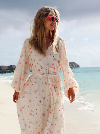 Wolfeel  Summer Women Printed Chiffon  V-neck Dress Sweet Casual Loose Beach Lace Up Long Skirts Fashionable Office Lady Dress
