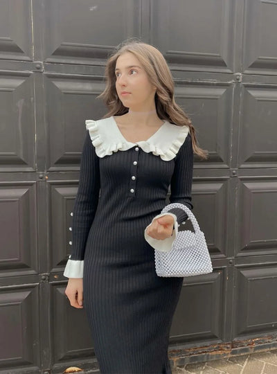 Elegant Party Dresses Woman Mid Length Ruffle Edge Dress with Contrasting Colors Knitted Dress 2024 Autumn Ladies French Dress