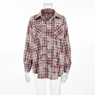Wolfeel  Spring  Autumn New Personalized Street Retro Vintage Plaid Shirt Women's Loose Outer Long Sleeved Women Loose Shirt