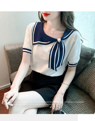 Casual Short Sleeve T-shirt for Women Loose Contrast Sweet All-match Solid Ice Silk Tops Tees Summer New Fashion Korean Clothing
