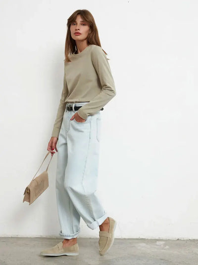 Wolfeel Women's Spring Autumn 100% Cotton T-shirt Bottoming Basic Solid Lady Long Sleeve Loose Tops Shirts Oversized T Shirt