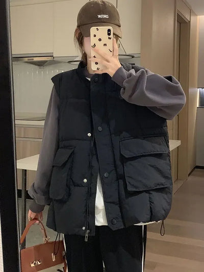 Loose Black Women's Vests Elegant Cold Insulated Youthful Lady Padded Cotton Giletes Working Clothes Fashion 2024 Sleeveless