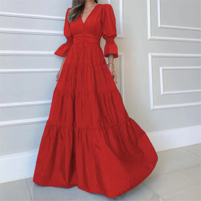 Elegant Ruffle Splicing High Waist And Large Swing Dress For Spring 2025 New Women's Fashion V-neck Long Sleeved Maxi Dress