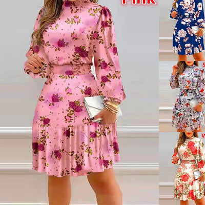 Midi Dress Women Long Sleeve Floral Print Party Elegant Evening High Waist Summer Dresses Mom Loose Maxi Work Vestidos S-3XL