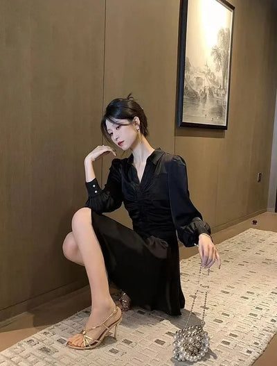 Midi Dresses for Women New In Woman Long Sleeve Dress High Quality Elegant Party Korean Style Sensual Sexy Trendy Features Hot G