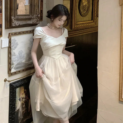 Midi Dress Women Pure Princess Summer Aesthetic Defined Elegant Ladies Gentle Spliced Chic Mesh Partywear French Style Vestidos