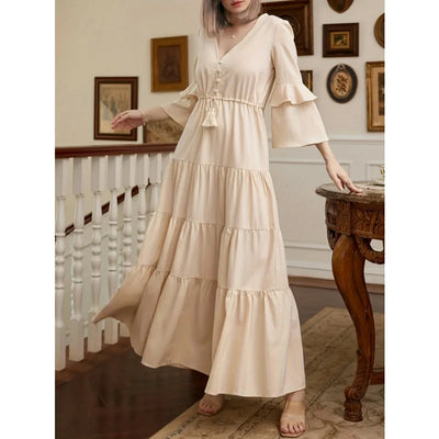 Elegant Women Corset Ruffle Dress Sexy Fashion Long Flare Sleeve V Neck High Waist Party Floor Length Dress Robe for Women
