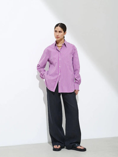 Wolfeel Loose Striped Shirts 2025 Autumn Chic 100% Cotton Blouse Female Tops Casual Lapel Oversized Lace Up Women Shirts