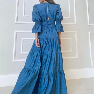 Elegant Ruffle Splicing High Waist And Large Swing Dress For Spring 2025 New Women's Fashion V-neck Long Sleeved Maxi Dress