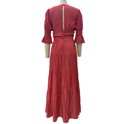Elegant Ruffle Splicing High Waist And Large Swing Dress For Spring 2025 New Women's Fashion V-neck Long Sleeved Maxi Dress