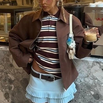 Casual Striped Polo T-Shirt for Women Long Sleeve Lapel Neck Half Button-up Aesthetic Pullover 2025 New Tops