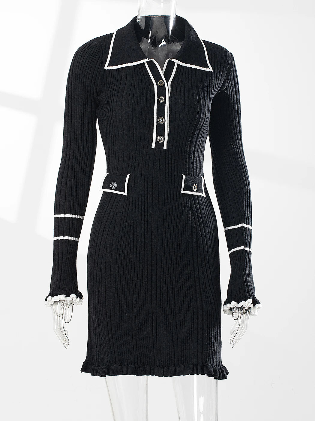 Elegant Ruffled Women Dress Long  Pit Stripe Knit Dresses For Winter Autumn Retro Lapel Pearl Button Fall Fashion Vestidos Robes