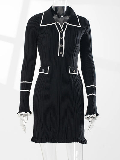 Elegant Ruffled Women Dress Long  Pit Stripe Knit Dresses For Winter Autumn Retro Lapel Pearl Button Fall Fashion Vestidos Robes