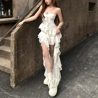 Elegant Sleeveless Ruffle High Low Dress Women Retro White Gothic Vintage  Midi Dress Evening Party French Fashion Summer New
