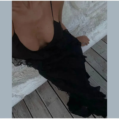 Elegant Stacked Ruffle Split Hem Long Dress Women Sexy Sleeveless Backless Chiffon V Neck Dresses 2024 New Lady Vacation Vestido