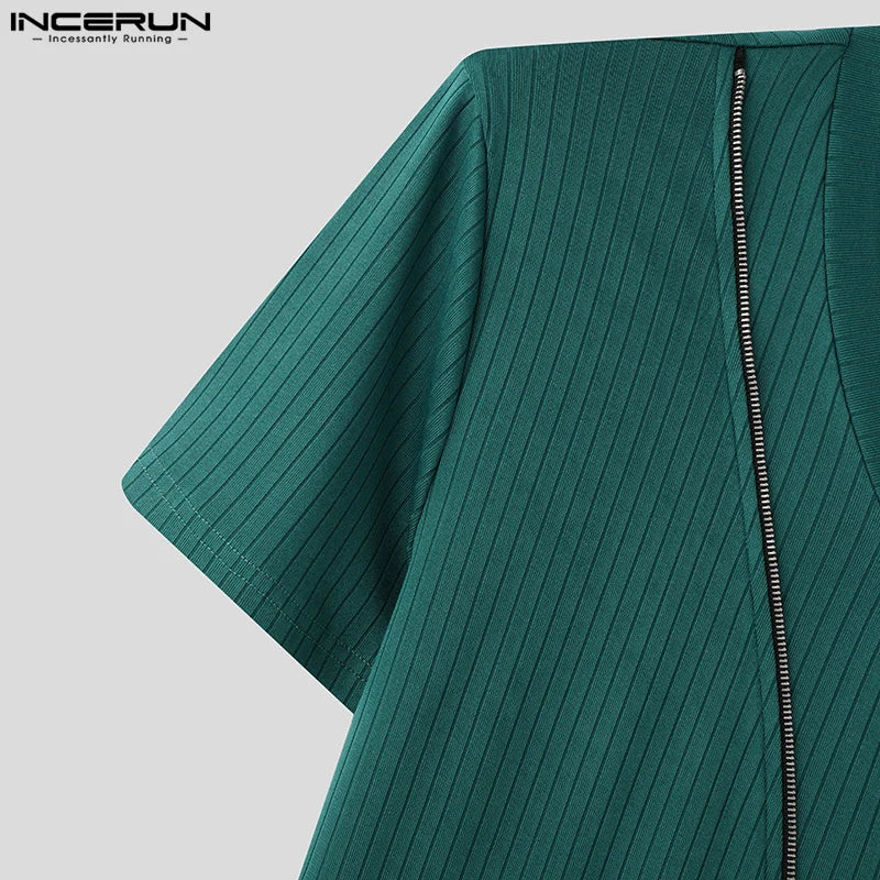 Short Sleeve Tops Tee Fashion Zipper Men T-Shirts Solid Color Irregular Tops V Neck Sexy Party Streetwear Oversize Tee INCERUN