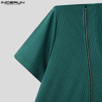 Short Sleeve Tops Tee Fashion Zipper Men T-Shirts Solid Color Irregular Tops V Neck Sexy Party Streetwear Oversize Tee INCERUN