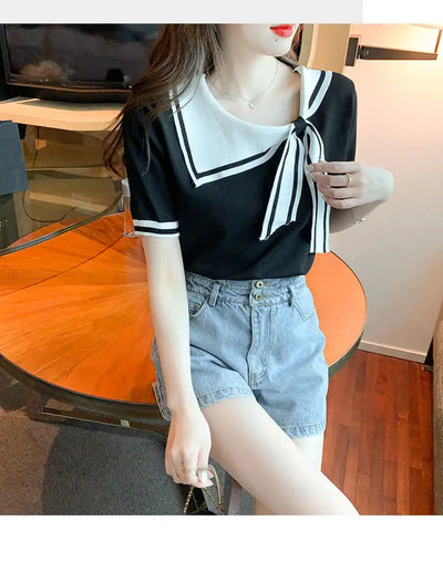 Casual Short Sleeve T-shirt for Women Loose Contrast Sweet All-match Solid Ice Silk Tops Tees Summer New Fashion Korean Clothing