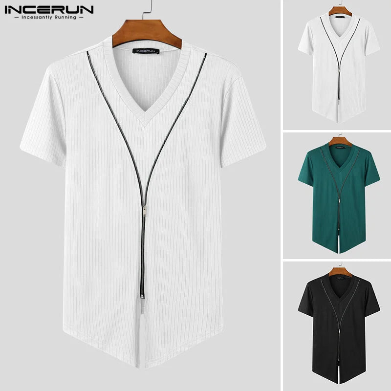 Short Sleeve Tops Tee Fashion Zipper Men T-Shirts Solid Color Irregular Tops V Neck Sexy Party Streetwear Oversize Tee INCERUN