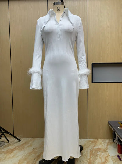 Elegant Party Dresses for Women 2023 Casual Fashion Plain Feather Detail Long Sleeve Turn-Down Collar Knit Maxi Dress Autumn