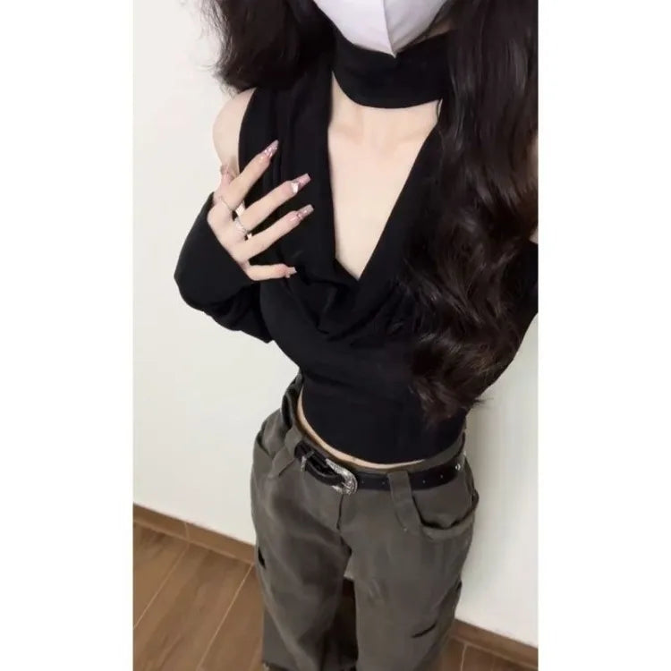 Fashion V-neck Black Halter Tops Women 2025 Summer Nw Slim Waist Tee Shirt Y2k E-Girl Long Sleeve Off Shoulder T-shirts