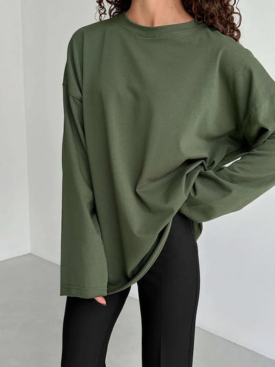Wolfeel Women Summer 100% Cotton T-shirt Bottoming Spring Basic Fashionable Solid Lady Long Sleeve Loose Tops Shirts