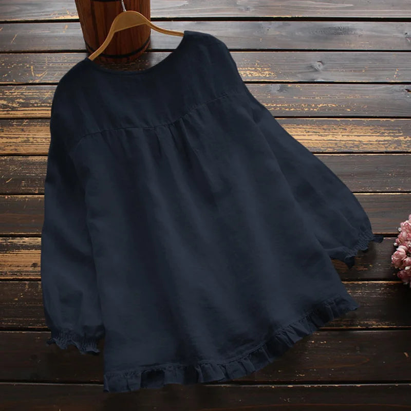 Casual Pullover Blouse For Women 2024 Autumn New Ladies Cotton And Linen Solid Color Loose Ruffle Round Neck Long Sleeved Shirt