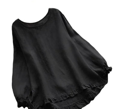 Casual Pullover Blouse For Women 2024 Autumn New Ladies Cotton And Linen Solid Color Loose Ruffle Round Neck Long Sleeved Shirt
