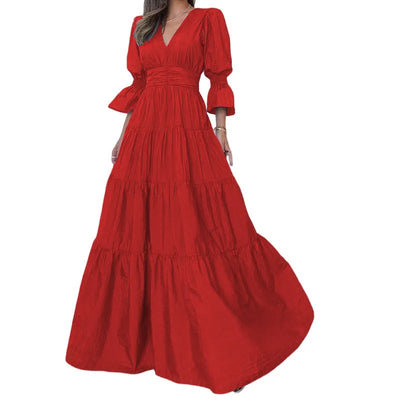 Elegant Ruffle Splicing High Waist And Large Swing Dress For Spring 2025 New Women's Fashion V-neck Long Sleeved Maxi Dress