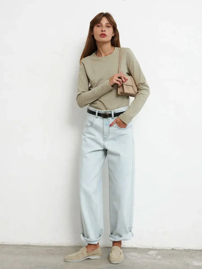 Wolfeel Women's Spring Autumn 100% Cotton T-shirt Bottoming Basic Solid Lady Long Sleeve Loose Tops Shirts Oversized T Shirt