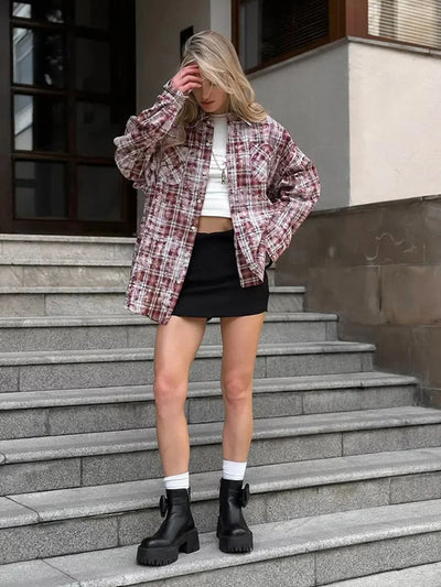 Wolfeel  Spring  Autumn New Personalized Street Retro Vintage Plaid Shirt Women's Loose Outer Long Sleeved Women Loose Shirt
