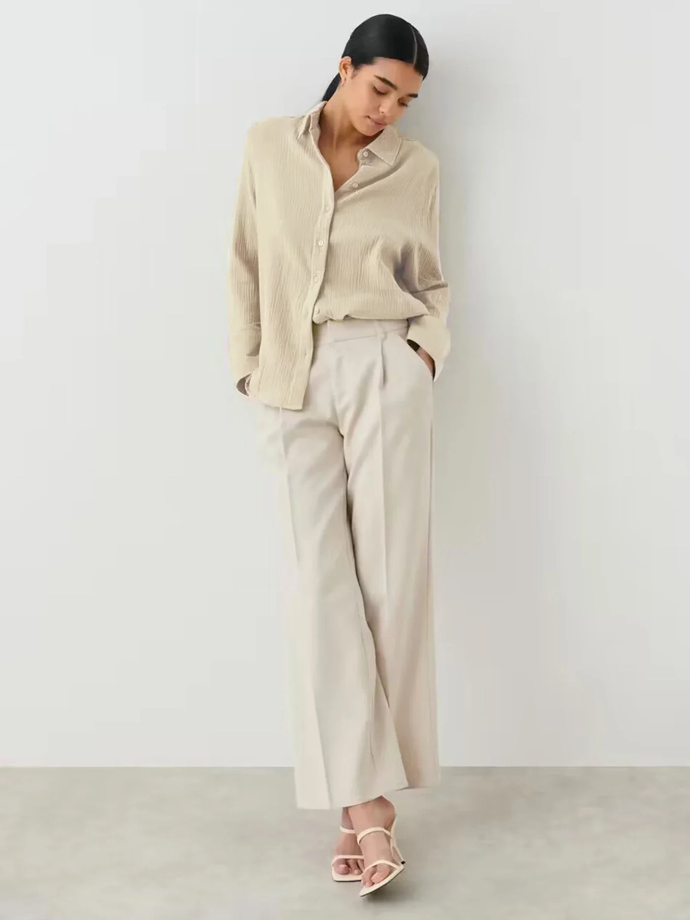 Wolfeel  Women's Spring Summer 100% Cotton Shirts Office Lady  Fashionable Solid Lady Long Sleeve Loose Tops Crepe Shirts