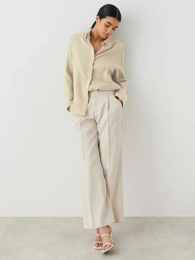 Wolfeel  Women's Spring Summer 100% Cotton Shirts Office Lady  Fashionable Solid Lady Long Sleeve Loose Tops Crepe Shirts