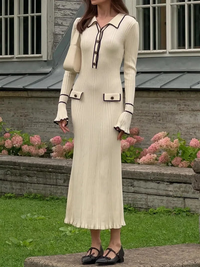 Elegant Ruffled Women Dress Long  Pit Stripe Knit Dresses For Winter Autumn Retro Lapel Pearl Button Fall Fashion Vestidos Robes
