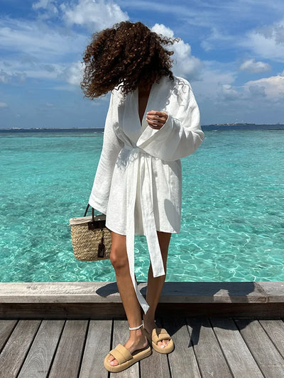 Wolfeel 2025 Autumn Summer New Cotton Linen Robe Dress Women's Fashion Lace Long Sleeve Dress Casual And Comfortable Beach Dress
