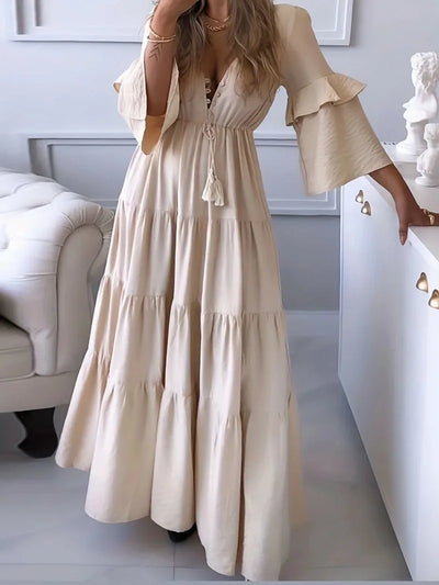 Elegant Women Corset Ruffle Dress Sexy Fashion Long Flare Sleeve V Neck High Waist Party Floor Length Dress Robe for Women