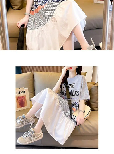Casual Short Sleeve Letter Dresses Female Clothing Summer Loose A-Line Fashion Printed Patchwork Korean Round Neck Midi Dress