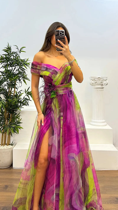 Elegant Formal Party Dress Elegant  Tie-dye Ball Gown with Mesh Bubble Sleeves Split Hem Women's Evening Dress