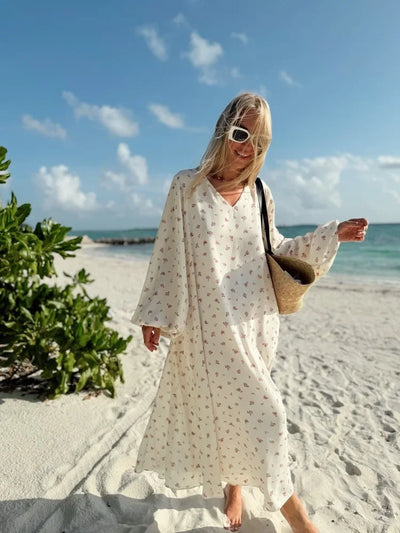 Wolfeel  Summer Women Printed Chiffon  V-neck Dress Sweet Casual Loose Beach Lace Up Long Skirts Fashionable Office Lady Dress