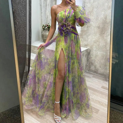 Elegant Formal Party Dress Elegant One Shoulder Tie-dye Ball Gown with Mesh Bubble Sleeves Split Hem Women's Evening Dress