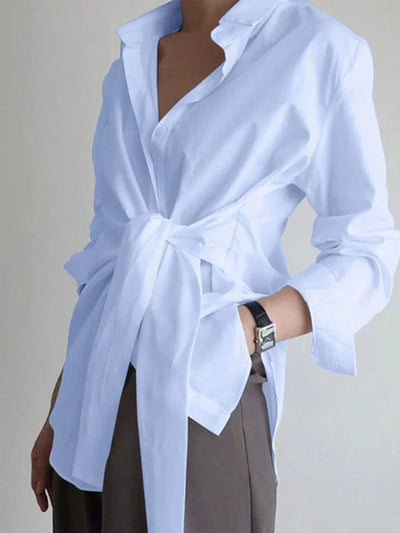 Blouses Women Tops Shirts Turn Down Collar Spring Y2k Streetwear Slim Fit Casual Lace Up Work High Waist Shirt Top Elegant White