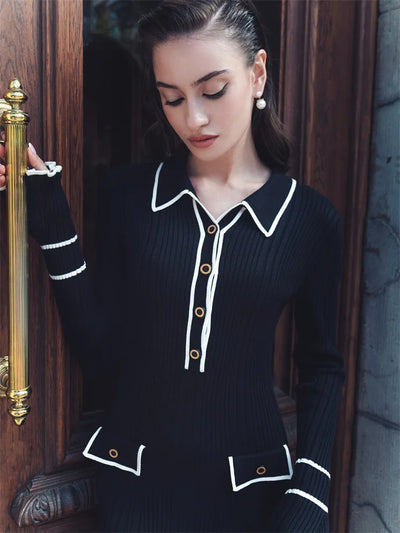 Elegant Ruffled Women Dress Long  Pit Stripe Knit Dresses For Winter Autumn Retro Lapel Pearl Button Fall Fashion Vestidos Robes