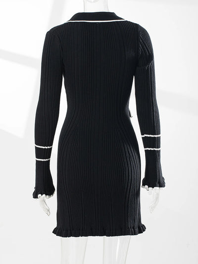 Elegant Ruffled Women Dress Long  Pit Stripe Knit Dresses For Winter Autumn Retro Lapel Pearl Button Fall Fashion Vestidos Robes