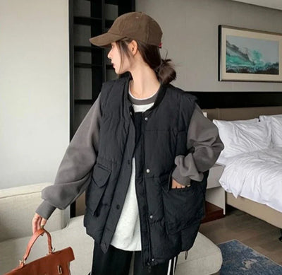 Loose Black Women's Vests Elegant Cold Insulated Youthful Lady Padded Cotton Giletes Working Clothes Fashion 2024 Sleeveless