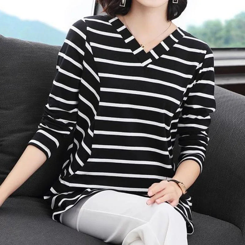Women's V-Neck Casual All-match Midi Striped Tops Fashion Elegant Long Sleeve Pullovers T-shirt Female Clothing Spring Autumn