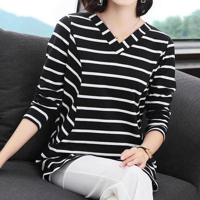 Women's V-Neck Casual All-match Midi Striped Tops Fashion Elegant Long Sleeve Pullovers T-shirt Female Clothing Spring Autumn